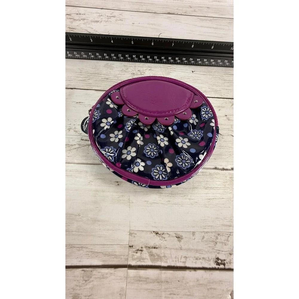Vera Bradley Frill Navy Purple Floral Round Cosmetic Makeup Pouch Bag‎ Glossy